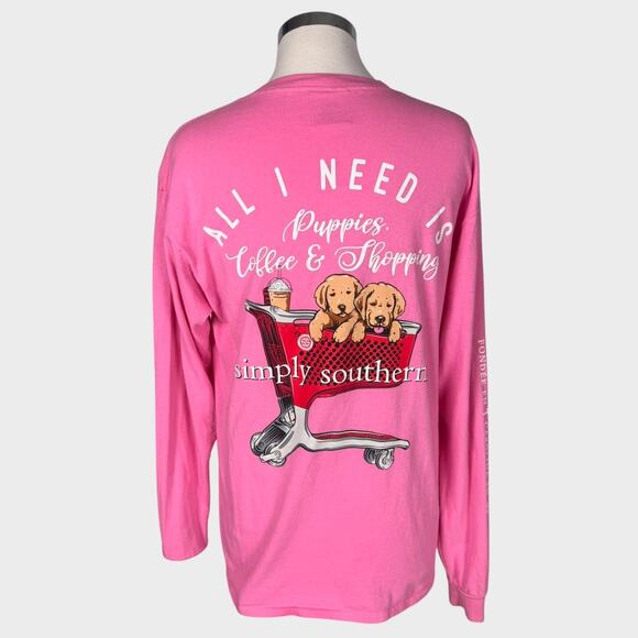 Simply Southern Womens Medium Pink Long Sleeve TShirt Puppies Cart - Picture 1 of 7